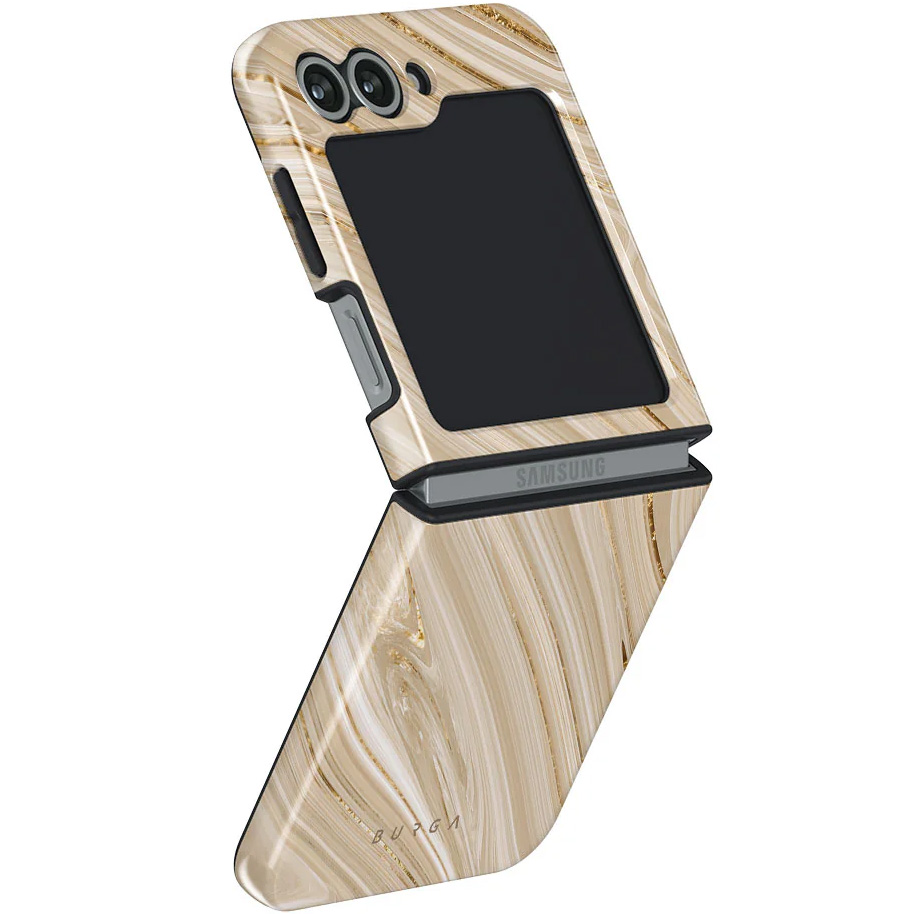 Ekskluzywne etui Burga Full Glam Tough do Samsung Galaxy Z Flip7 FE / Flip6, beżowe wzorzyste